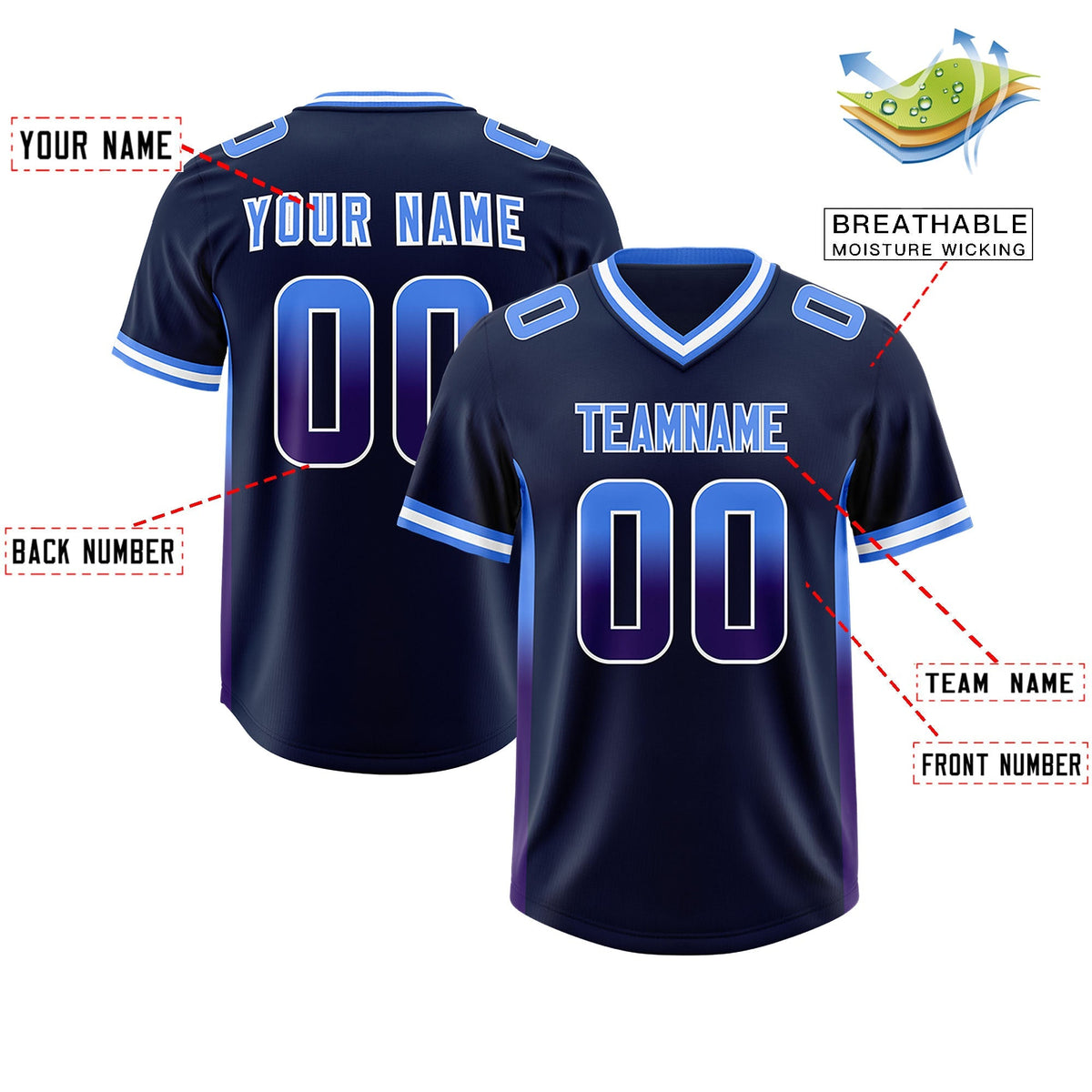 Custom Navy Powder Blue and Purple Sides Gradient Fashion Personalized Team American Football Jersey