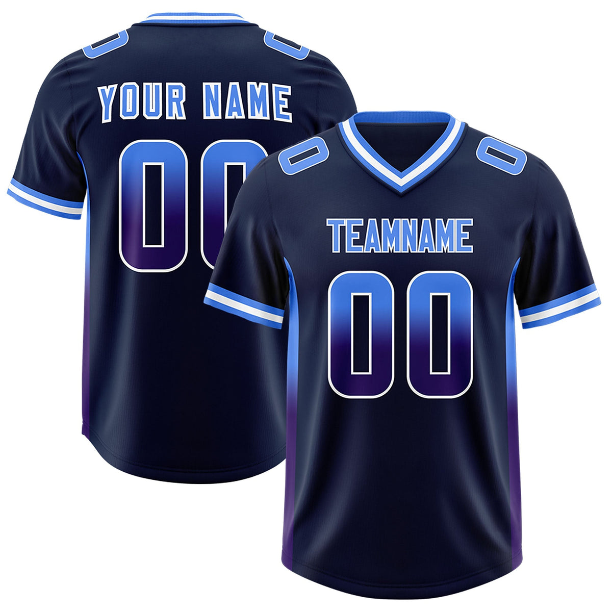 Custom Navy Powder Blue and Purple Sides Gradient Fashion Personalized Team American Football Jersey