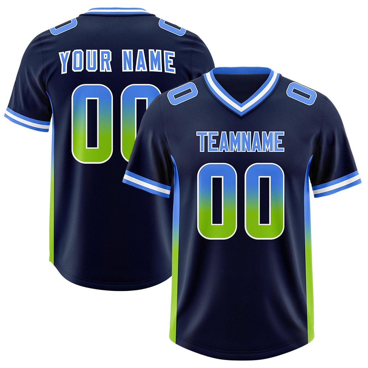 Custom Navy Powder Blue and Neon Green Sides Gradient Fashion Personalized Team American Football Jersey