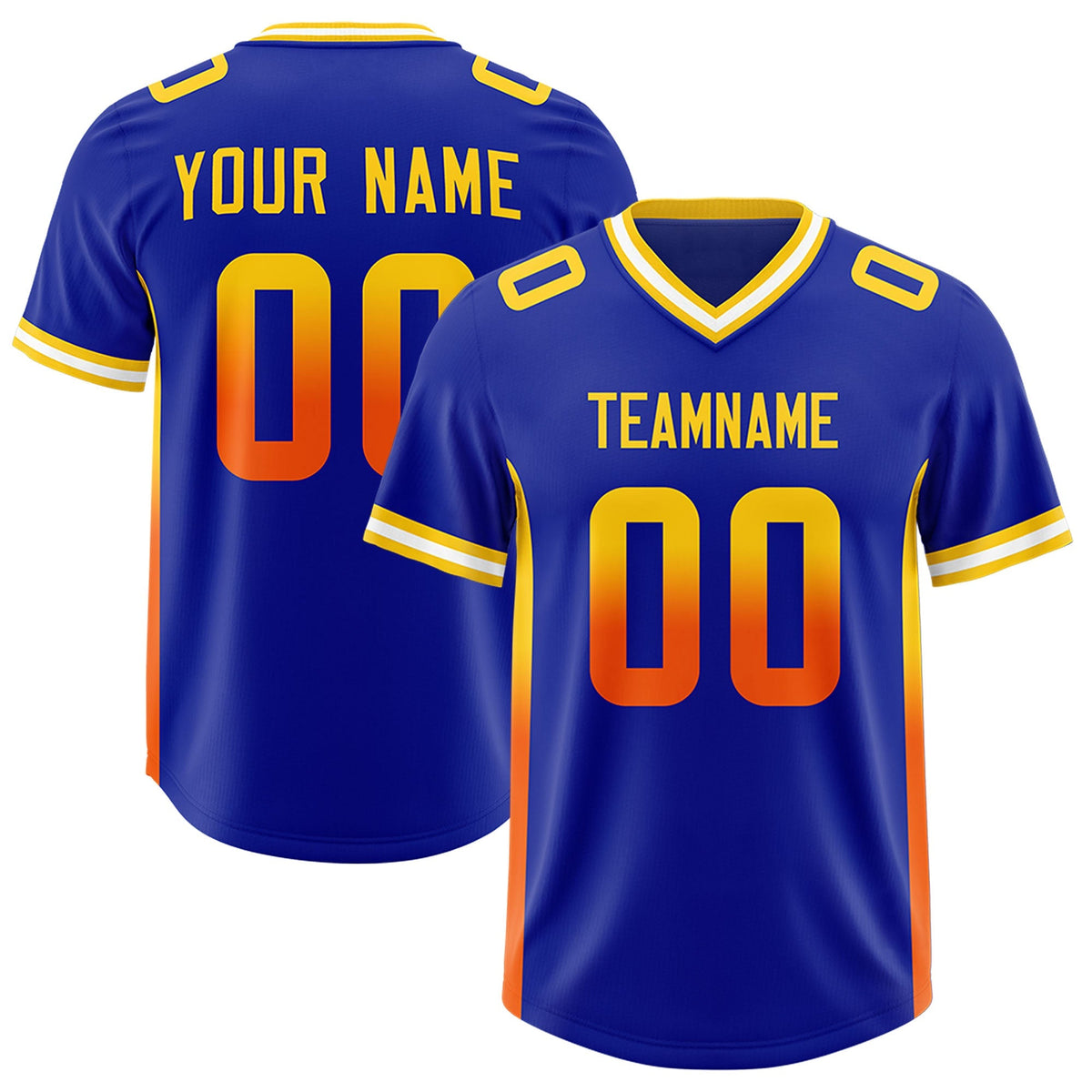 Custom Royal Gold Sides Gradient Fashion Personalized Team American Football Jersey