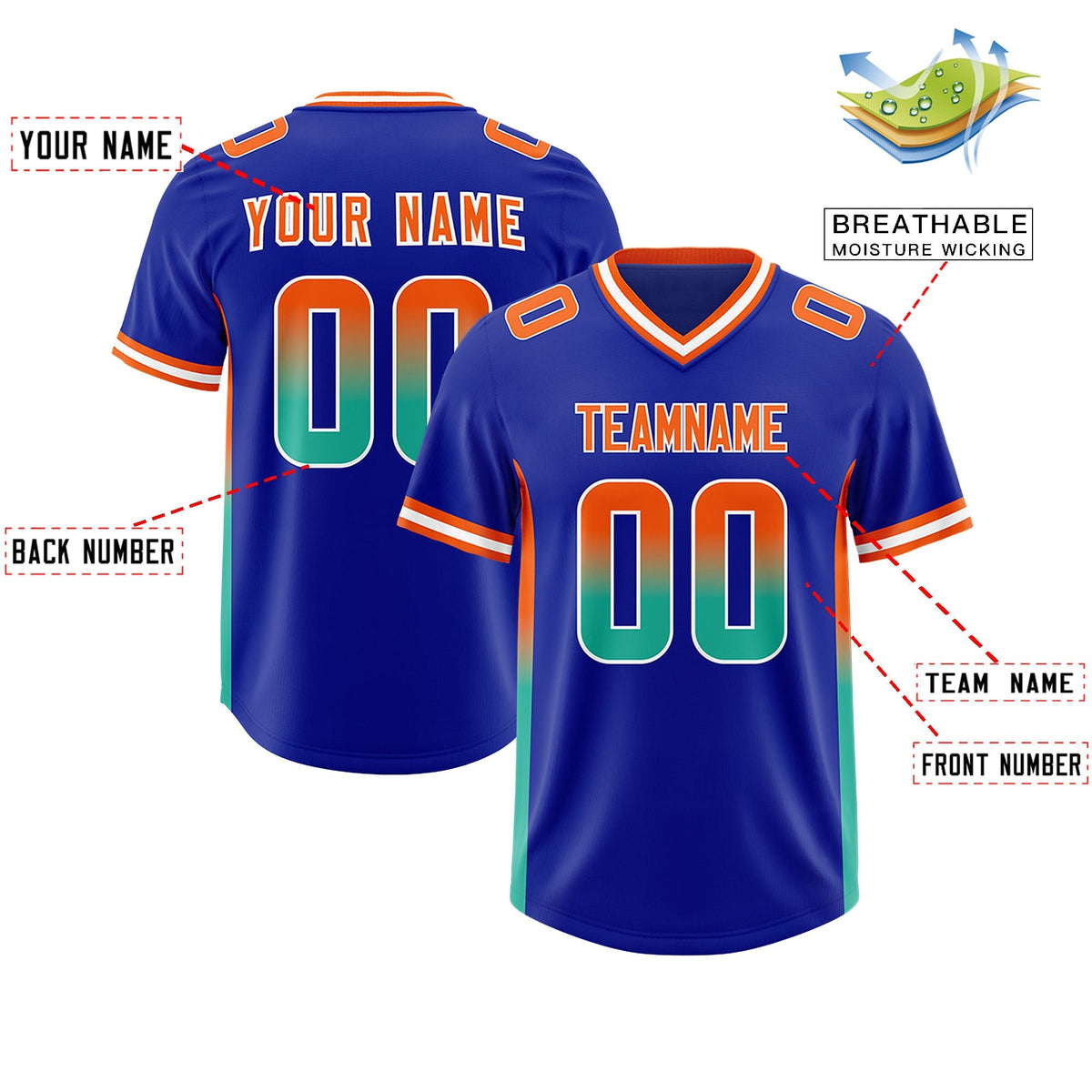 Custom Royal Orange and Bright Green Sides Gradient Fashion Personalized Team American Football Jersey