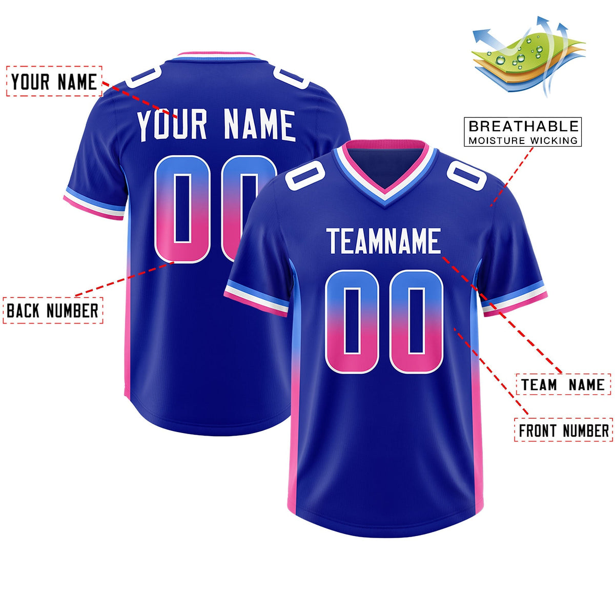 Custom Royal Powder Blue and Pink Sides Gradient Fashion Personalized Team American Football Jersey
