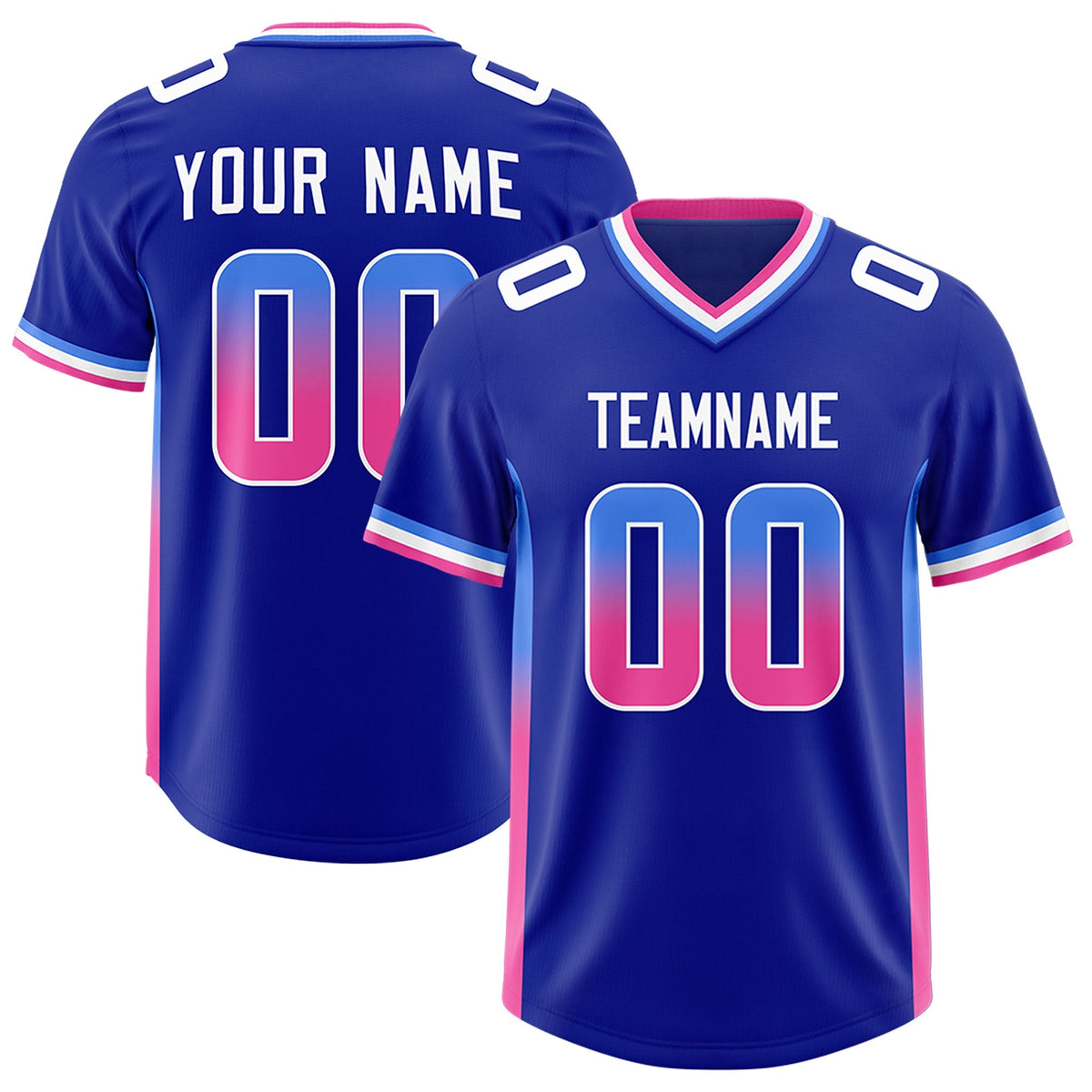 Custom Royal Powder Blue and Pink Sides Gradient Fashion Personalized Team American Football Jersey