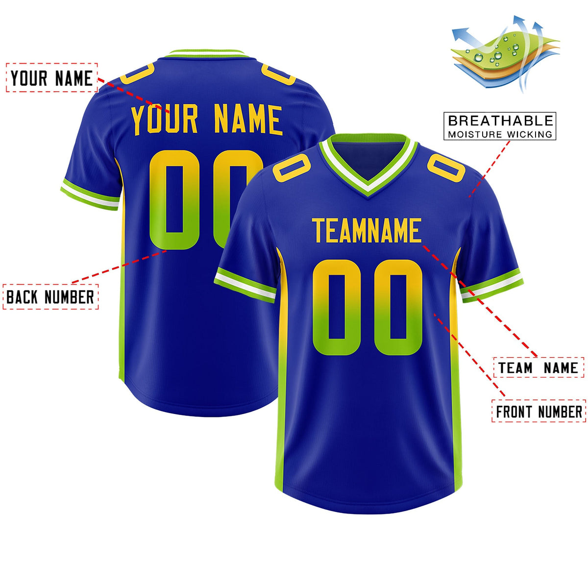Custom Royal Gold Sides Gradient Fashion Personalized Team American Football Jersey