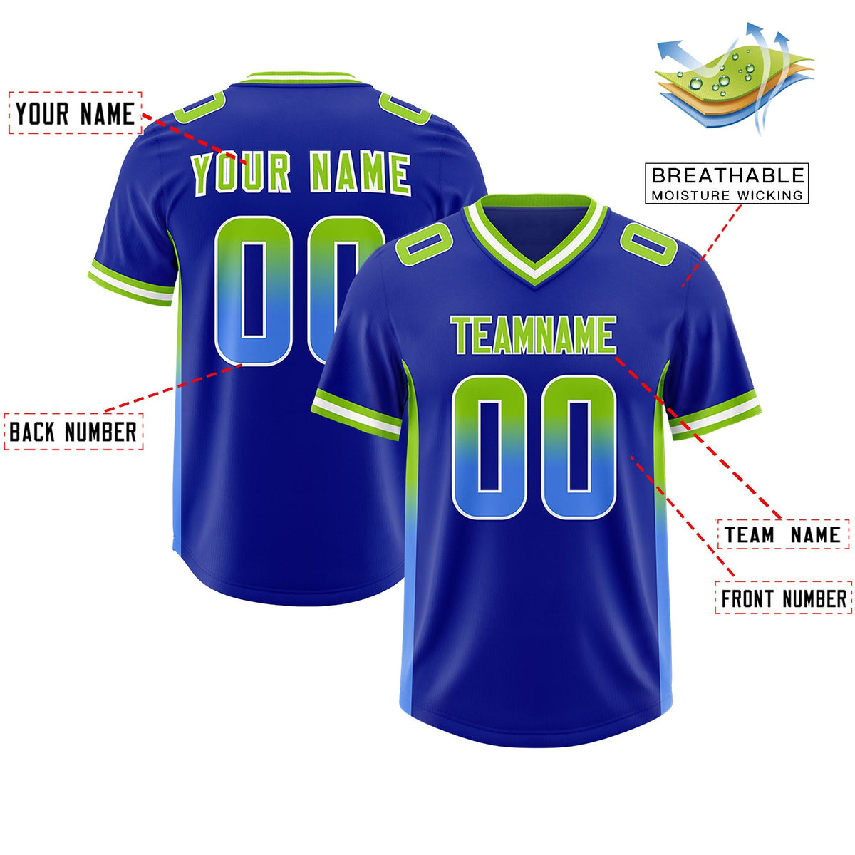 Custom Royal Neon Green and Powder Blue Sides Gradient Fashion Personalized Team American Football Jersey