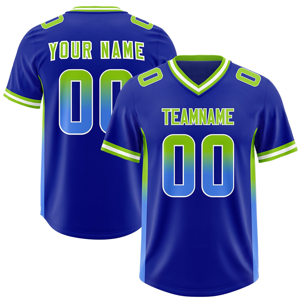 Custom Royal Neon Green and Powder Blue Sides Gradient Fashion Personalized Team American Football Jersey