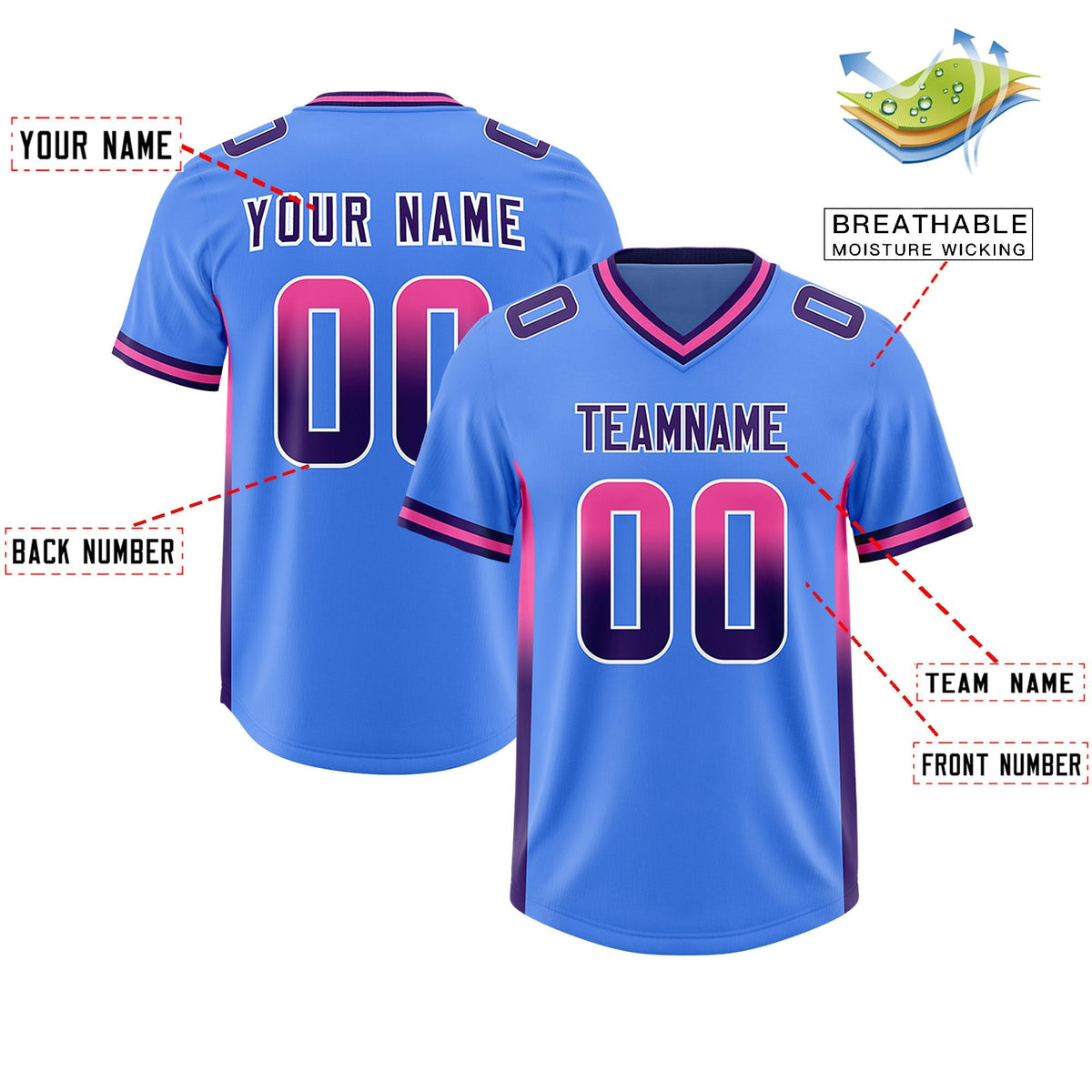 Custom Powder Blue Pink and Purple Sides Gradient Fashion Personalized Team American Football Jersey