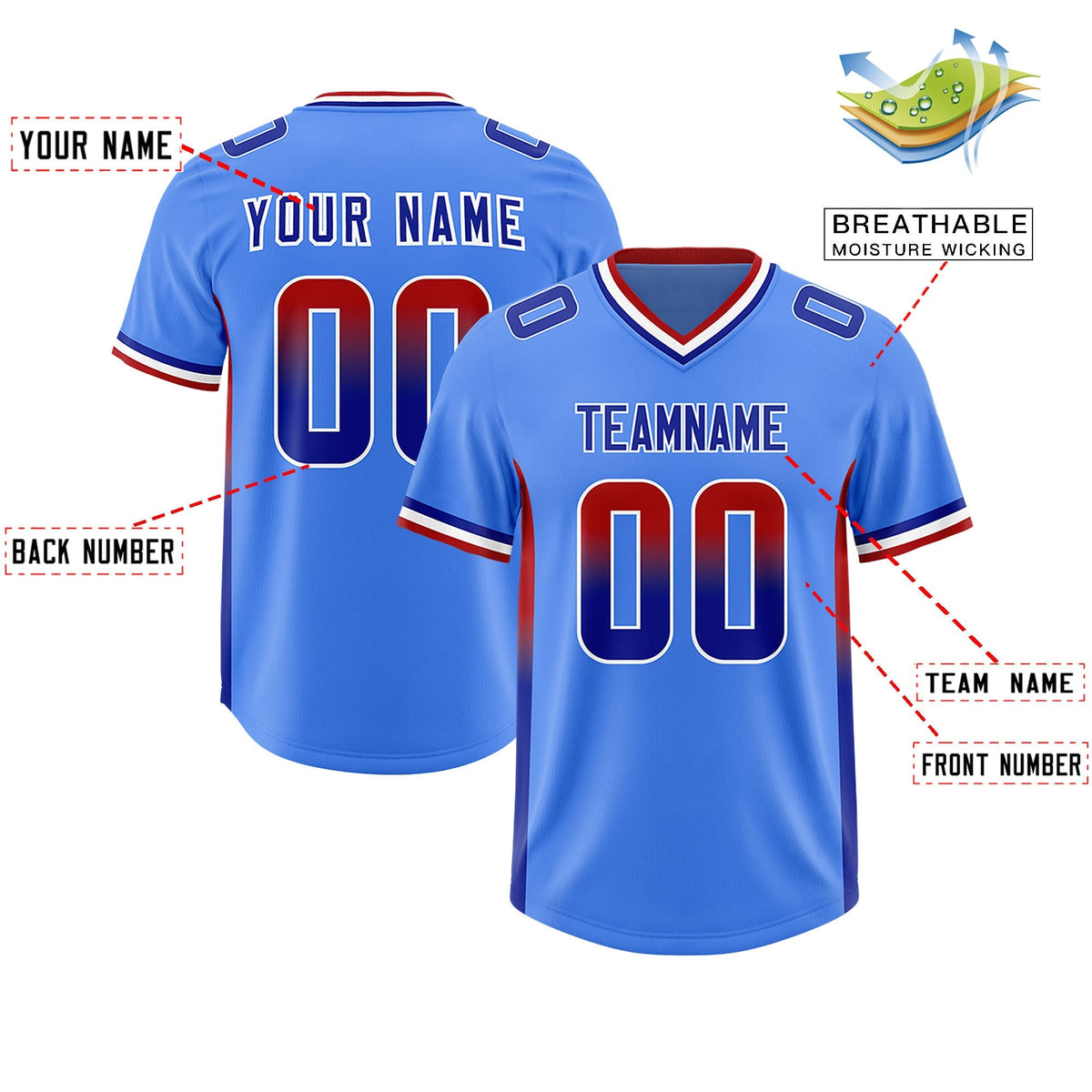 Custom Powder Blue Red and Royal Sides Gradient Fashion Personalized Team American Football Jersey