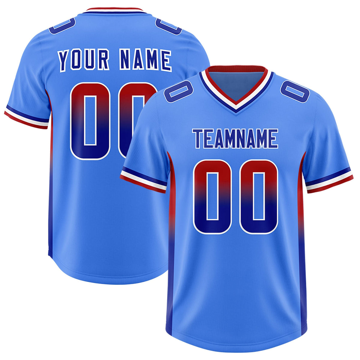 Custom Powder Blue Red and Royal Sides Gradient Fashion Personalized Team American Football Jersey