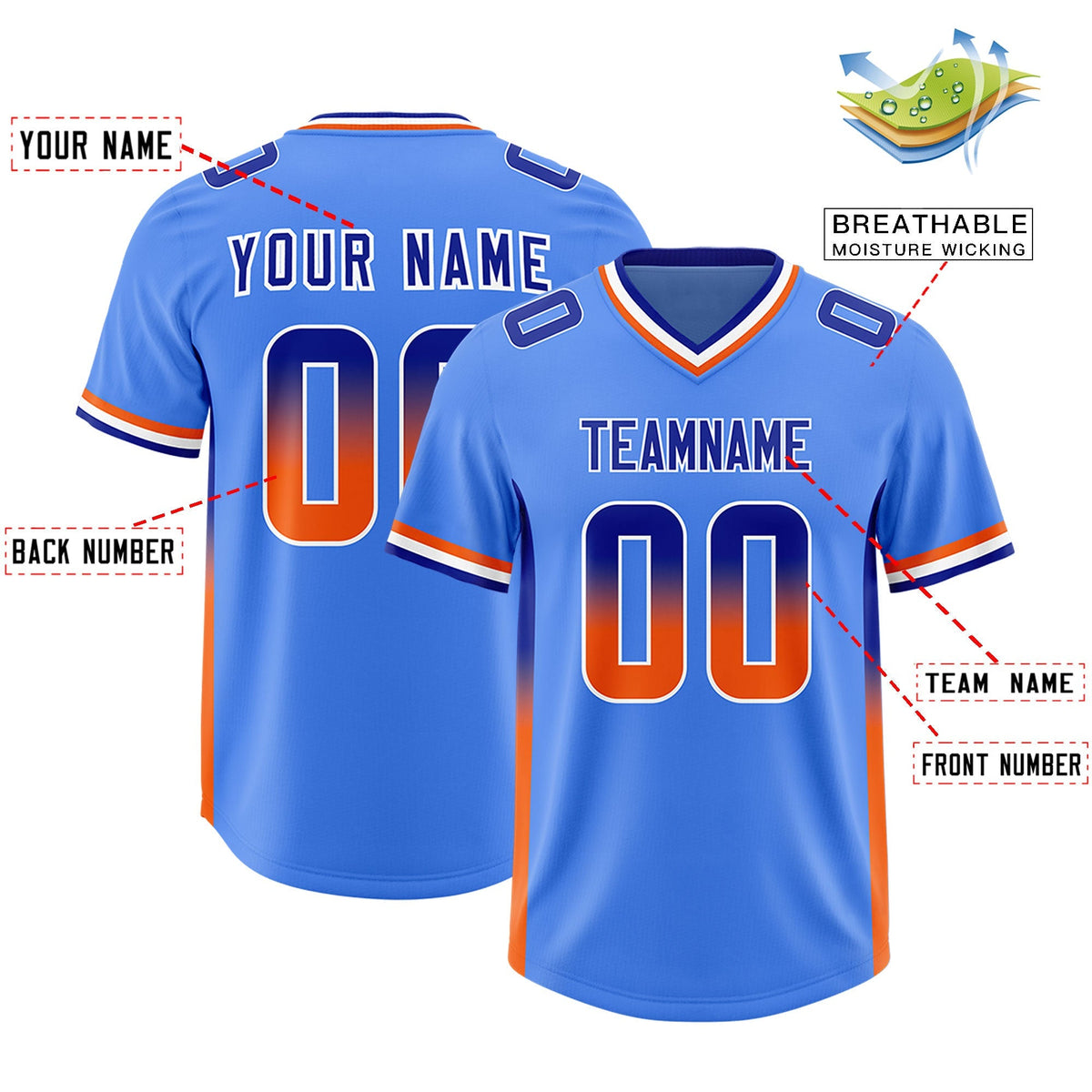 Custom Powder Blue Royal and Orange Sides Gradient Fashion Personalized Team American Football Jersey
