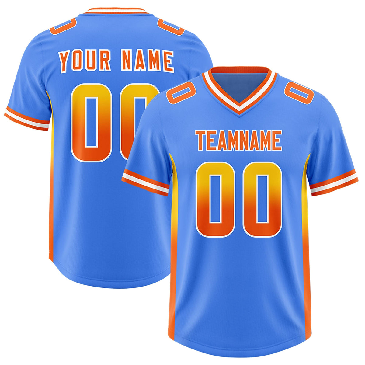Custom Powder Blue Gold and  Sides Gradient Fashion Personalized Team American Football Jersey