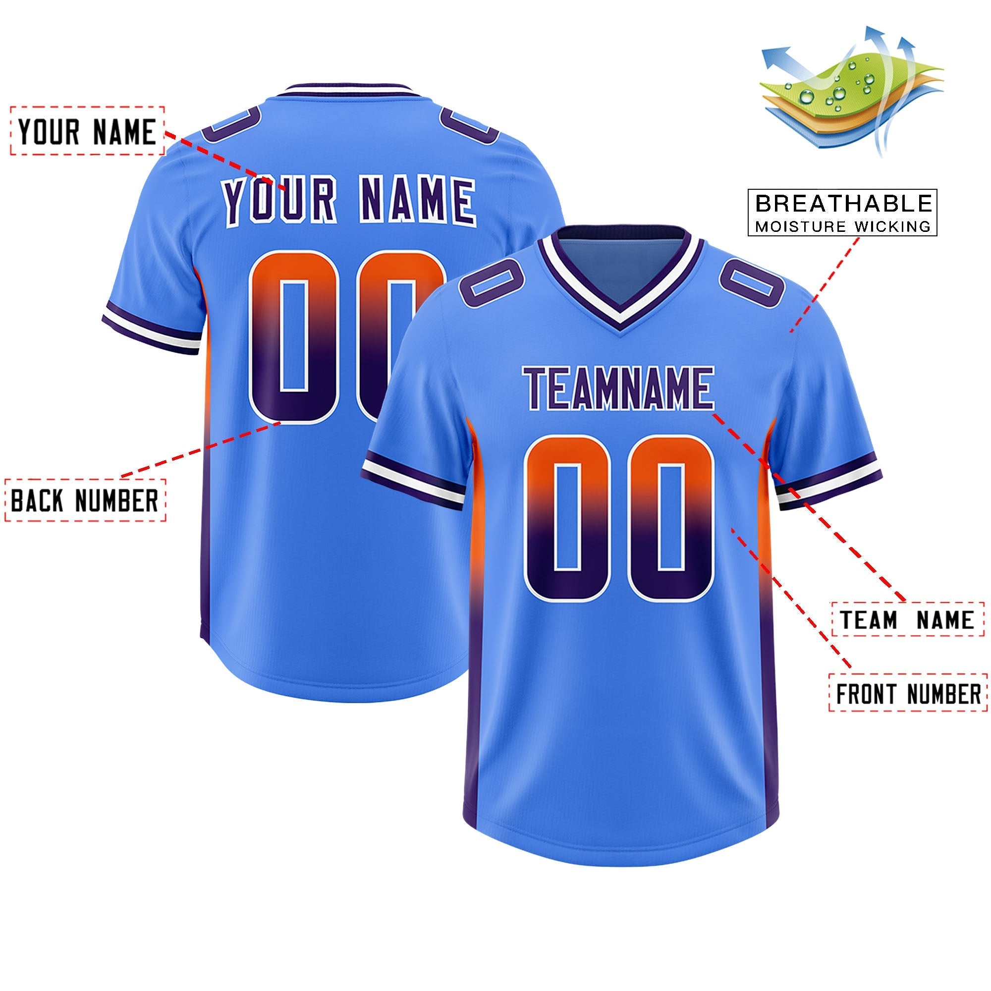 Custom Powder Blue Orange and Purple Sides Gradient Fashion Personalized Team American Football Jersey