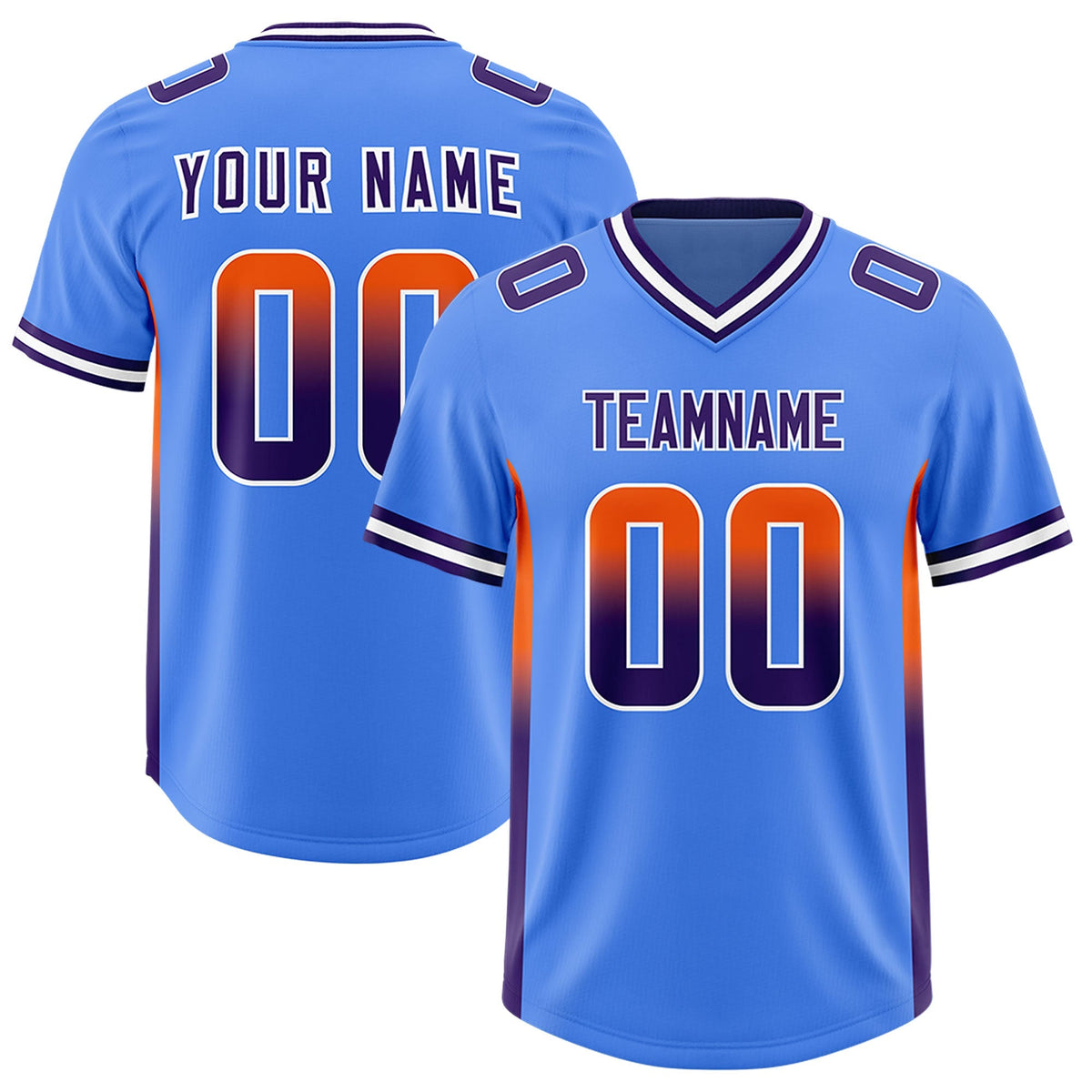 Custom Powder Blue Orange and Purple Sides Gradient Fashion Personalized Team American Football Jersey