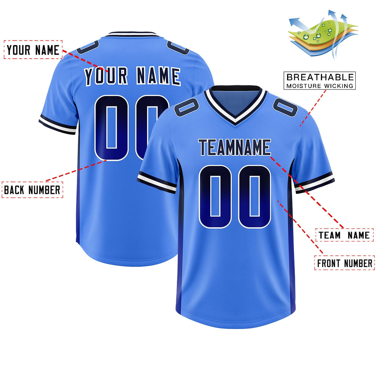 Custom Powder Blue Navy and Royal Sides Gradient Fashion Personalized Team American Football Jersey
