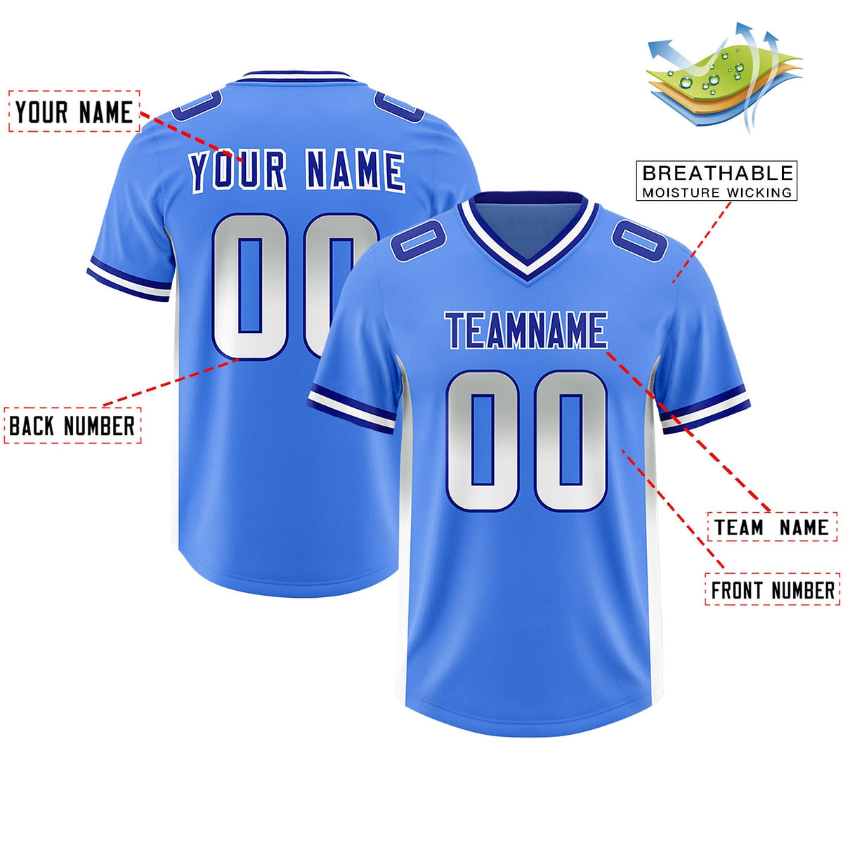 Custom Powder Blue Gray and White Sides Gradient Fashion Personalized Team American Football Jersey