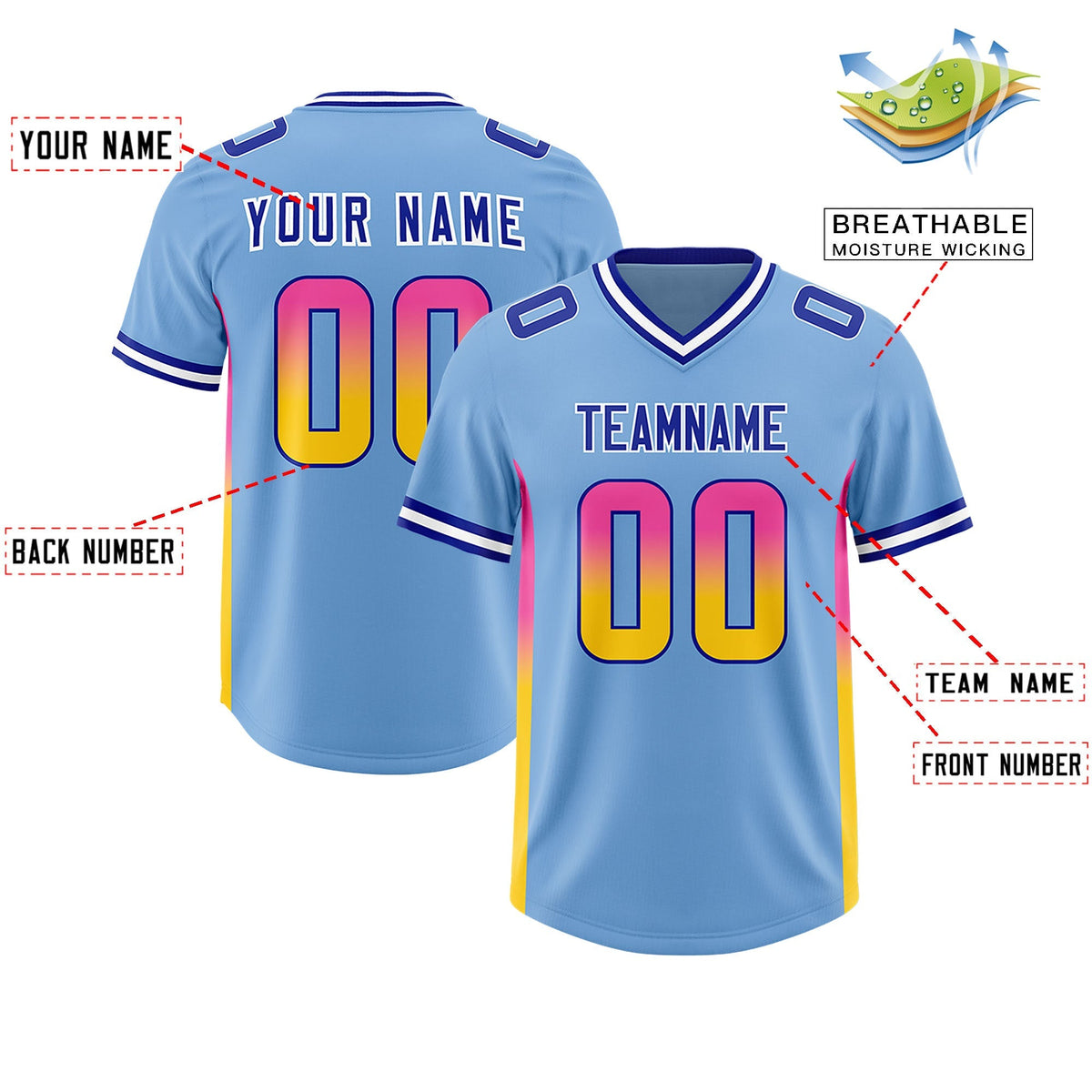 Custom Powder Blue Pink and Gold Sides Gradient Fashion Personalized Team American Football Jersey