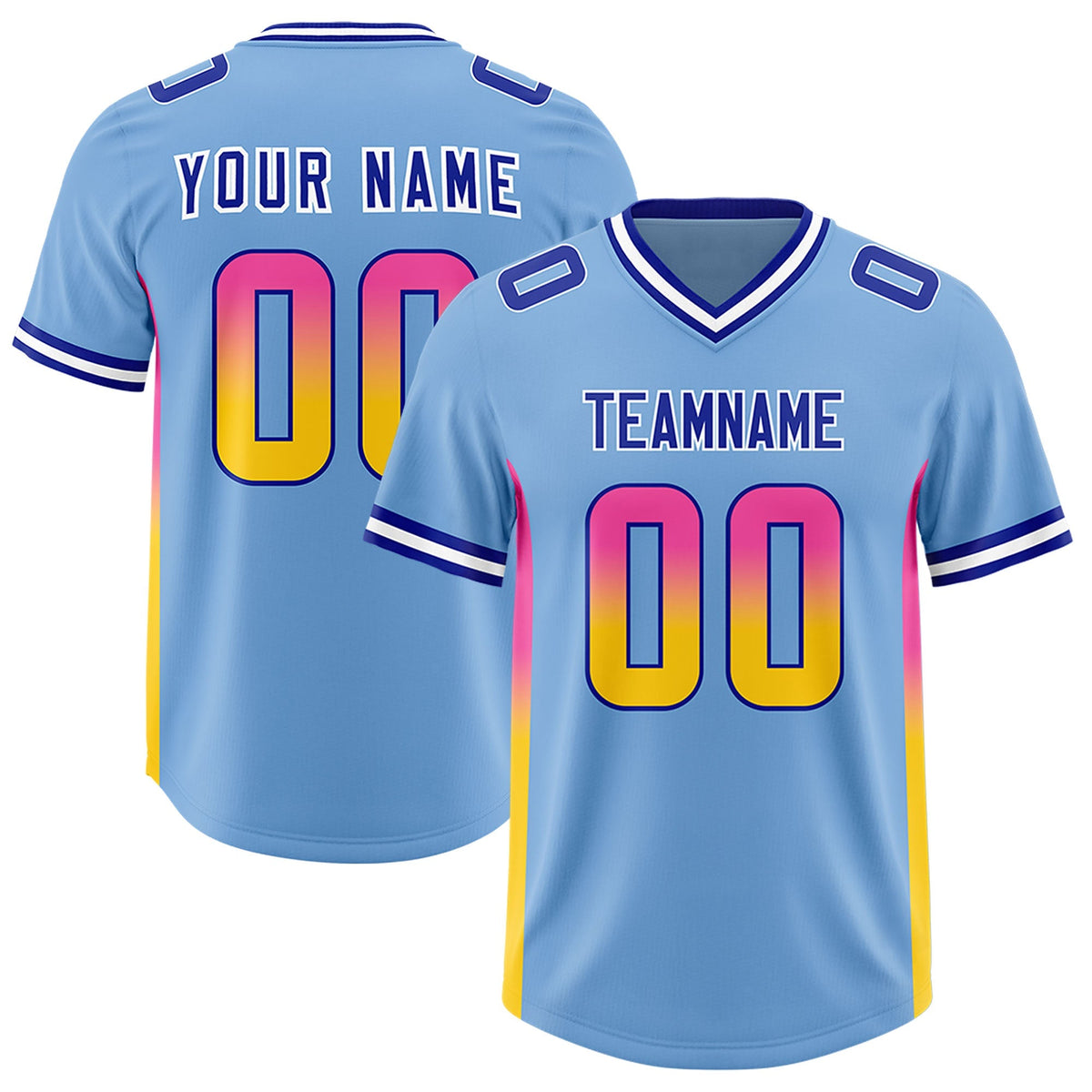 Custom Powder Blue Pink and Gold Sides Gradient Fashion Personalized Team American Football Jersey