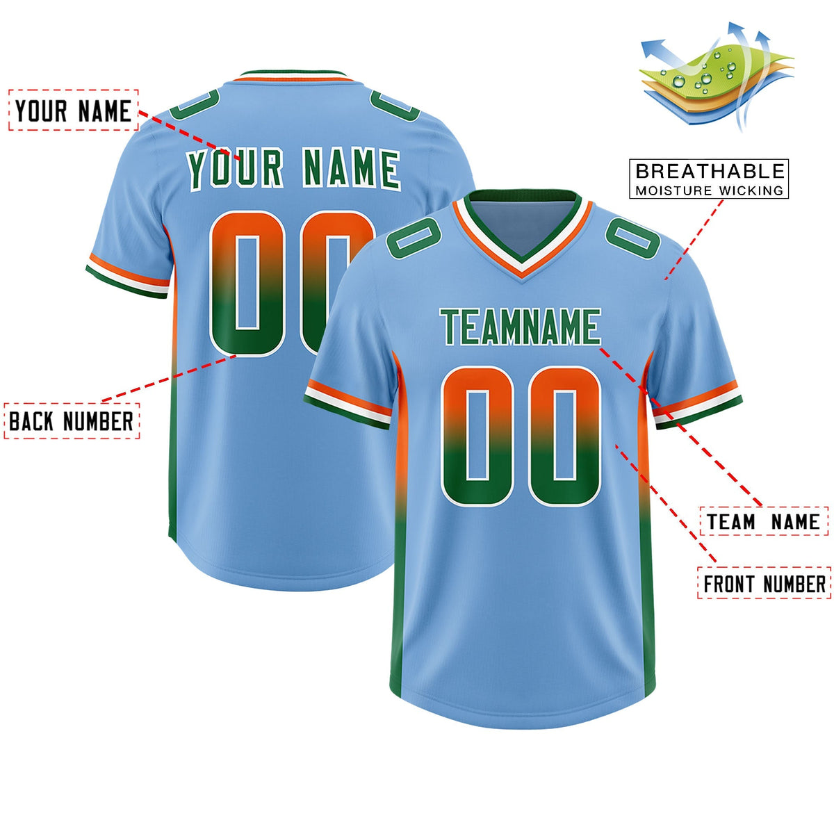Custom Powder Blue Orange and Kelly Green Sides Gradient Fashion Personalized Team American Football Jersey
