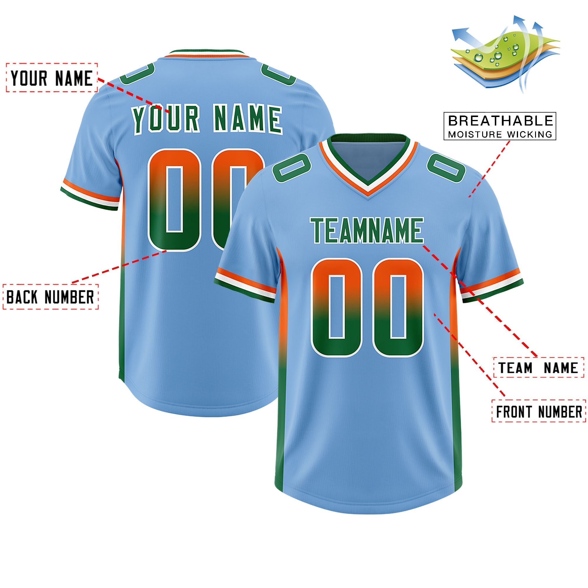 Custom Powder Blue Orange and Kelly Green Sides Gradient Fashion Personalized Team American Football Jersey