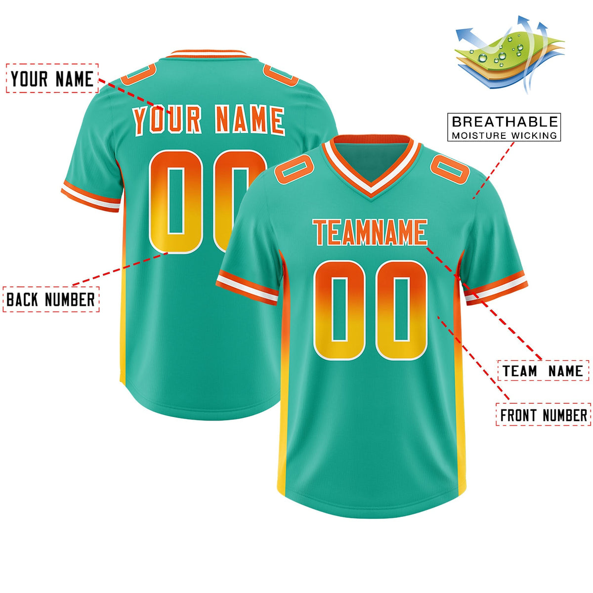 Custom Bright Green Orange and Gold Sides Gradient Fashion Personalized Team American Football Jersey