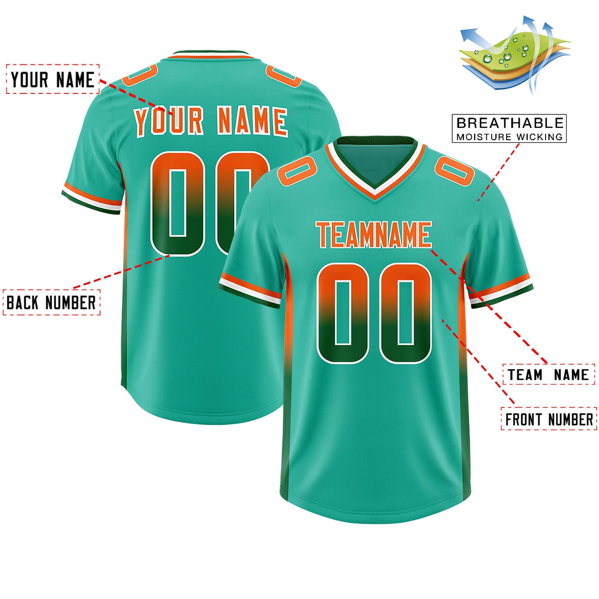 Custom Bright Green Orange and Kelly Green Sides Gradient Fashion Personalized Team American Football Jersey