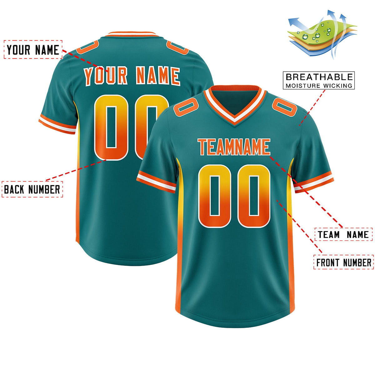Custom Aqua Gold Sides Gradient Fashion Personalized Team American Football Jersey
