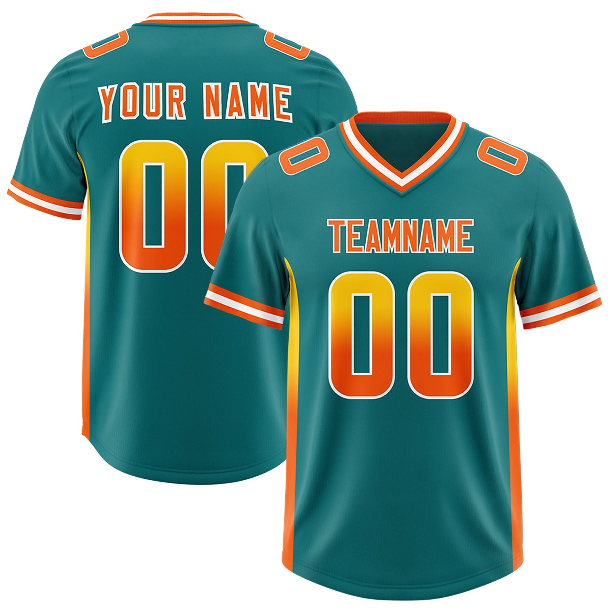 Custom Aqua Gold Sides Gradient Fashion Personalized Team American Football Jersey