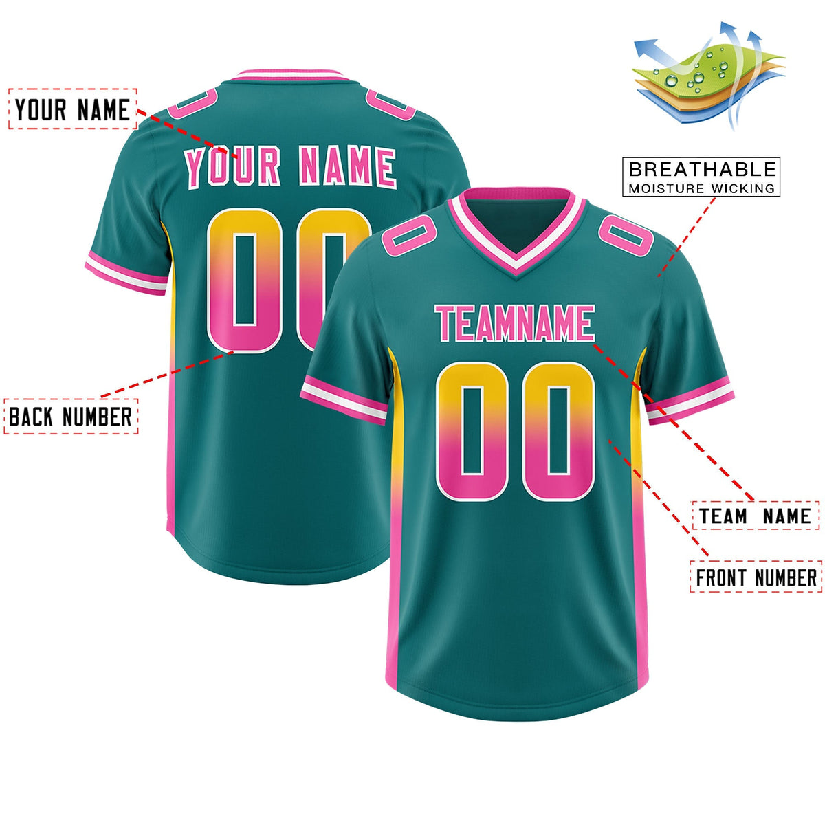 Custom Aqua Gold Sides Gradient Fashion Personalized Team American Football Jersey
