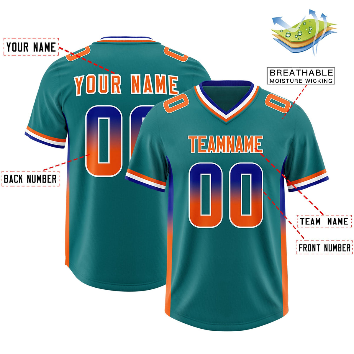 Custom Aqua Royal and Orange Sides Gradient Fashion Personalized Team American Football Jersey