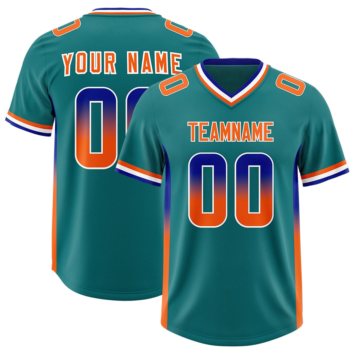 Custom Aqua Royal and Orange Sides Gradient Fashion Personalized Team American Football Jersey