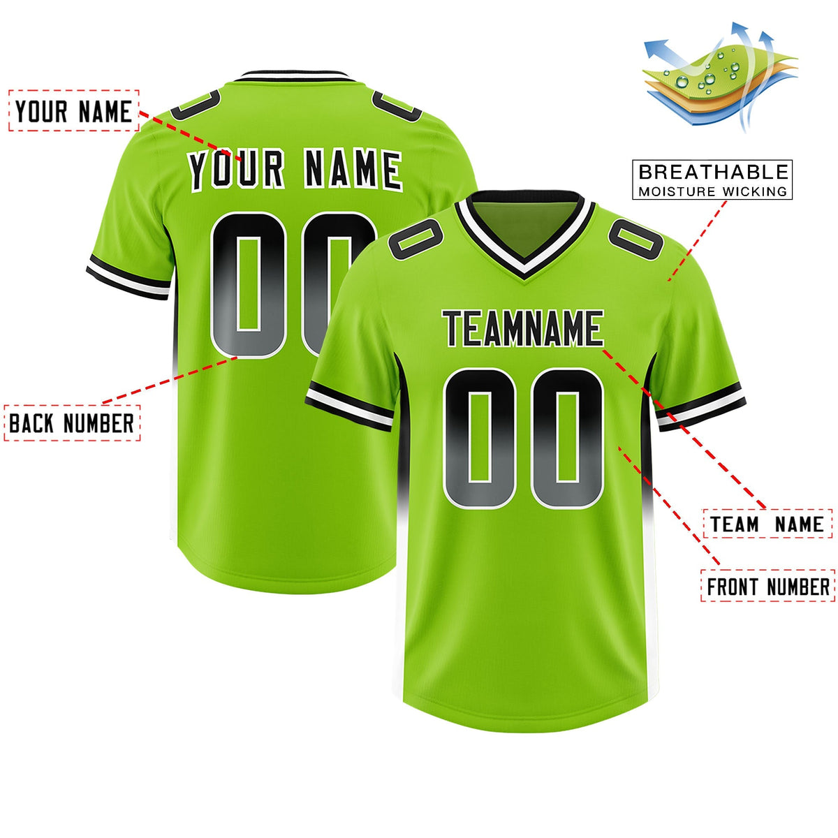 Custom Neon Green Black and White Sides Gradient Fashion Personalized Team American Football Jersey
