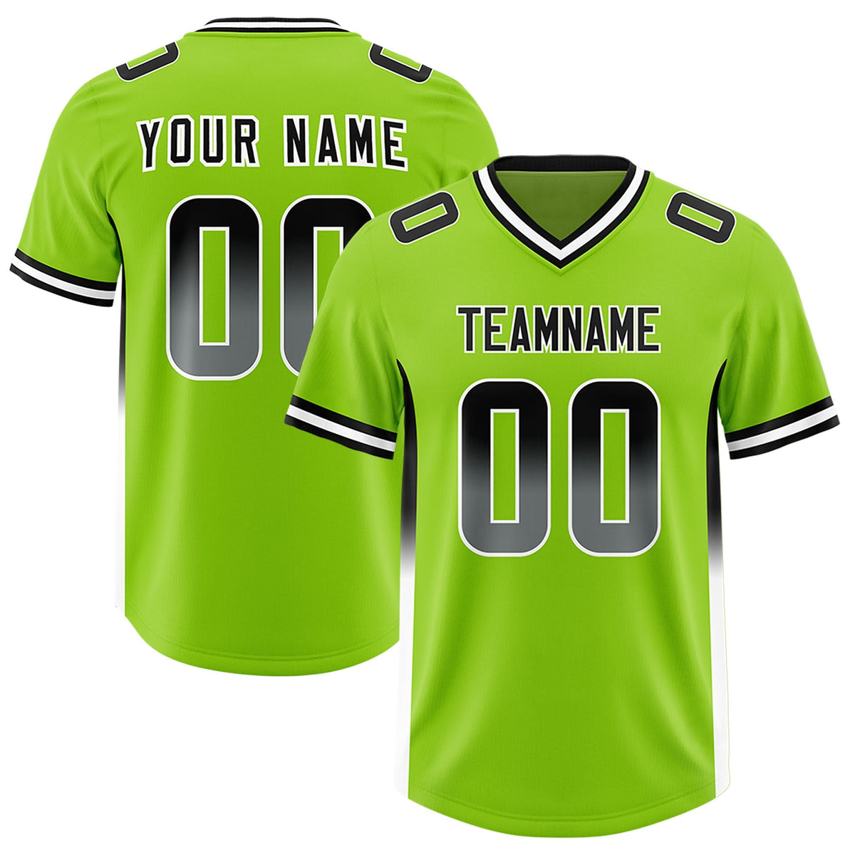Custom Neon Green Black and White Sides Gradient Fashion Personalized Team American Football Jersey