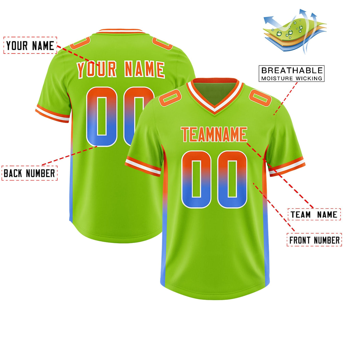 Custom Neon Green Orange and Powder Blue Sides Gradient Fashion Personalized Team American Football Jersey