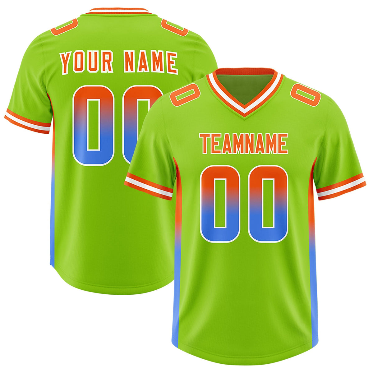 Custom Neon Green Orange and Powder Blue Sides Gradient Fashion Personalized Team American Football Jersey