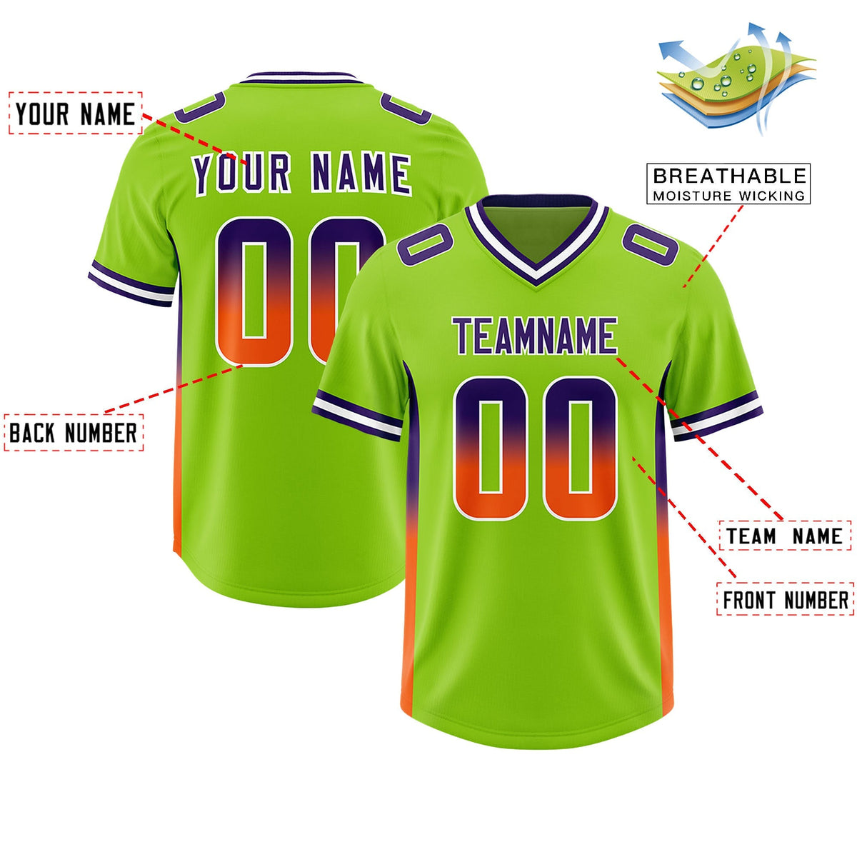 Custom Neon Green Purple and Orange Sides Gradient Fashion Personalized Team American Football Jersey