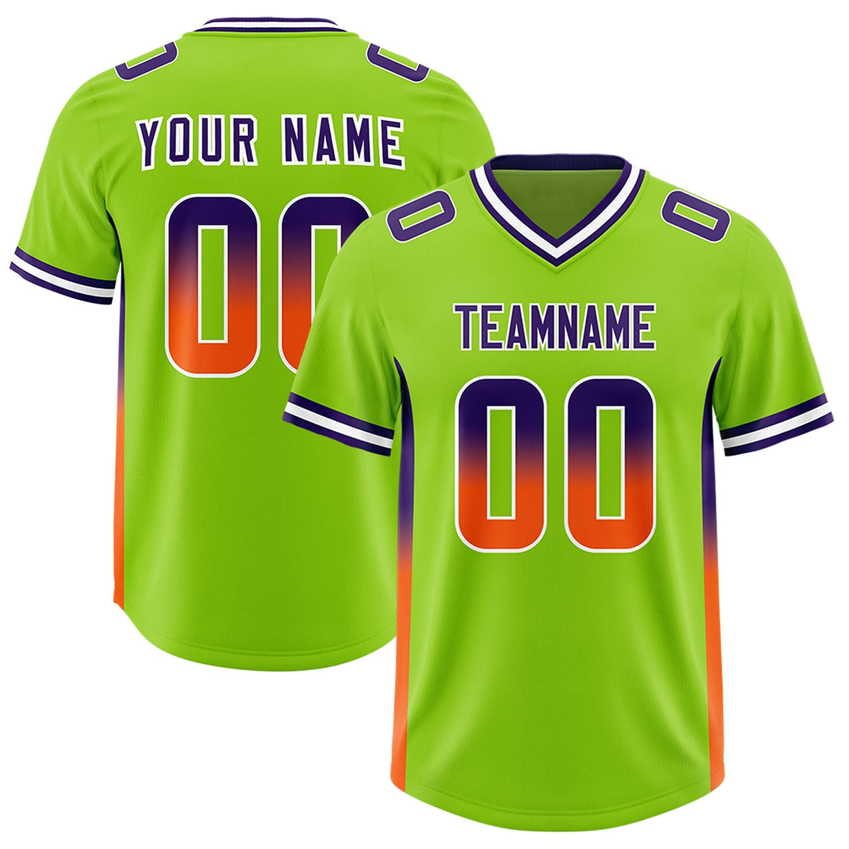 Custom Neon Green Purple and Orange Sides Gradient Fashion Personalized Team American Football Jersey