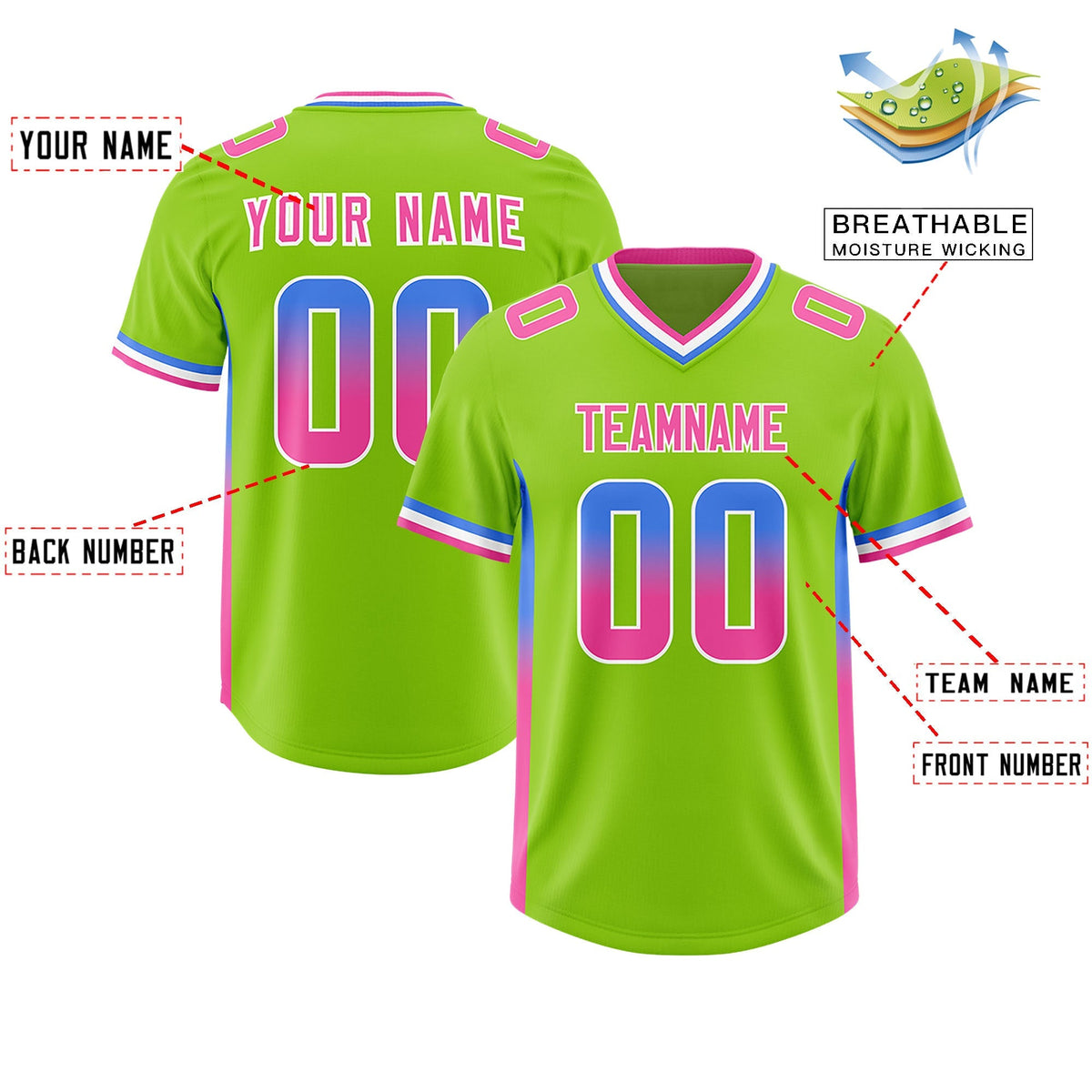 Custom Neon Green Powder Blue and Pink Sides Gradient Fashion Personalized Team American Football Jersey