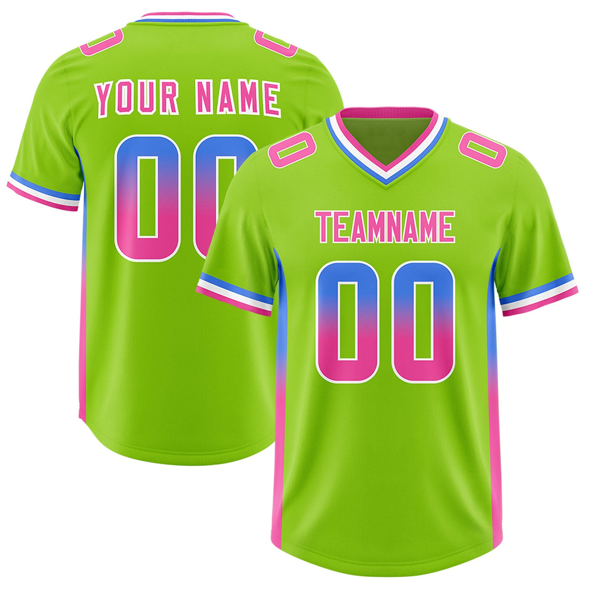Custom Neon Green Powder Blue and Pink Sides Gradient Fashion Personalized Team American Football Jersey