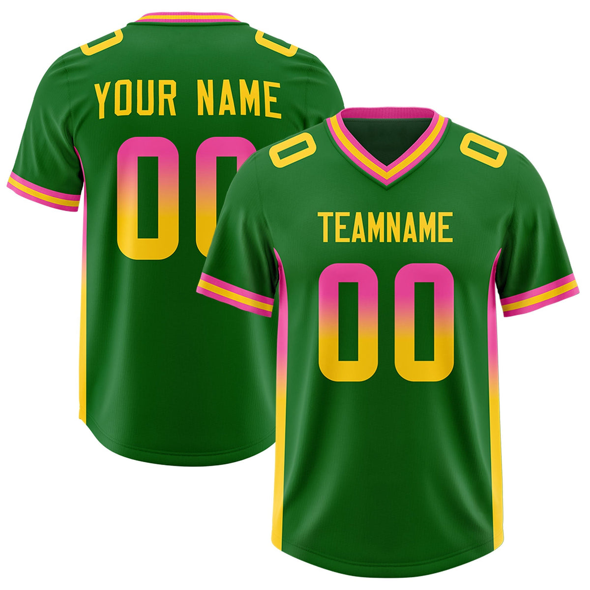 Custom Kelly Green Pink and Gold Sides Gradient Fashion Personalized Team American Football Jersey