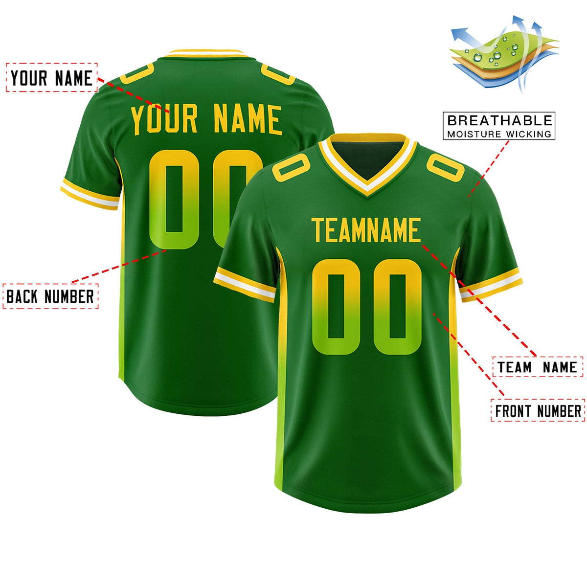 Custom Kelly Green Gold Sides Gradient Fashion Personalized Team American Football Jersey