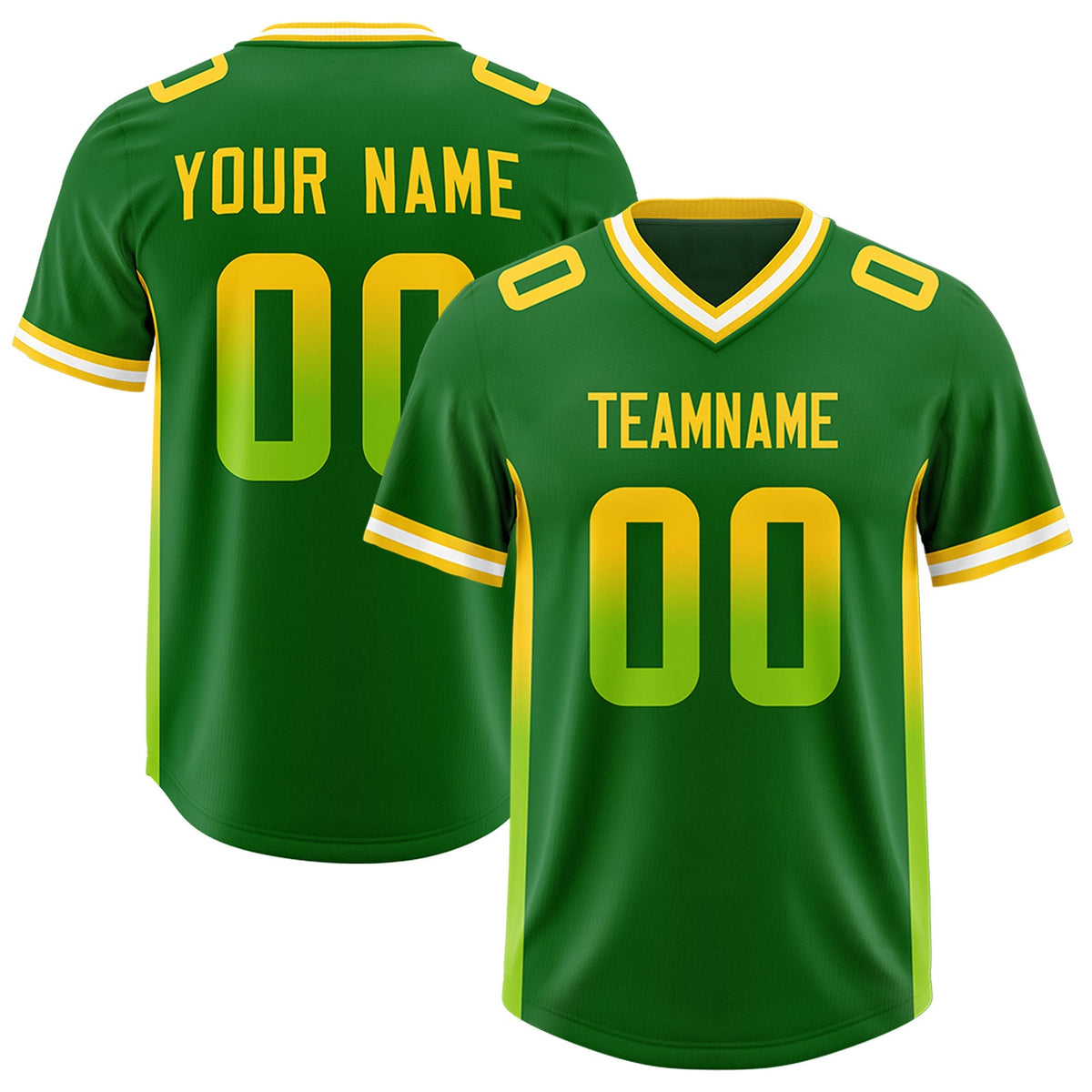 Custom Kelly Green Gold Sides Gradient Fashion Personalized Team American Football Jersey
