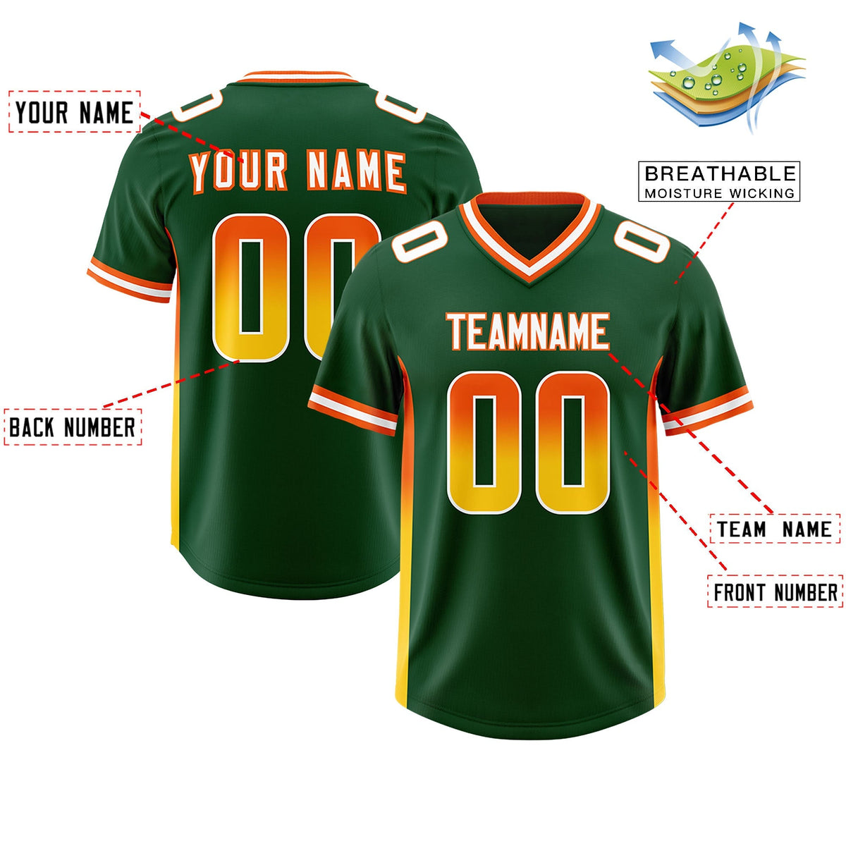 Custom Green Orange and Gold Sides Gradient Fashion Personalized Team American Football Jersey
