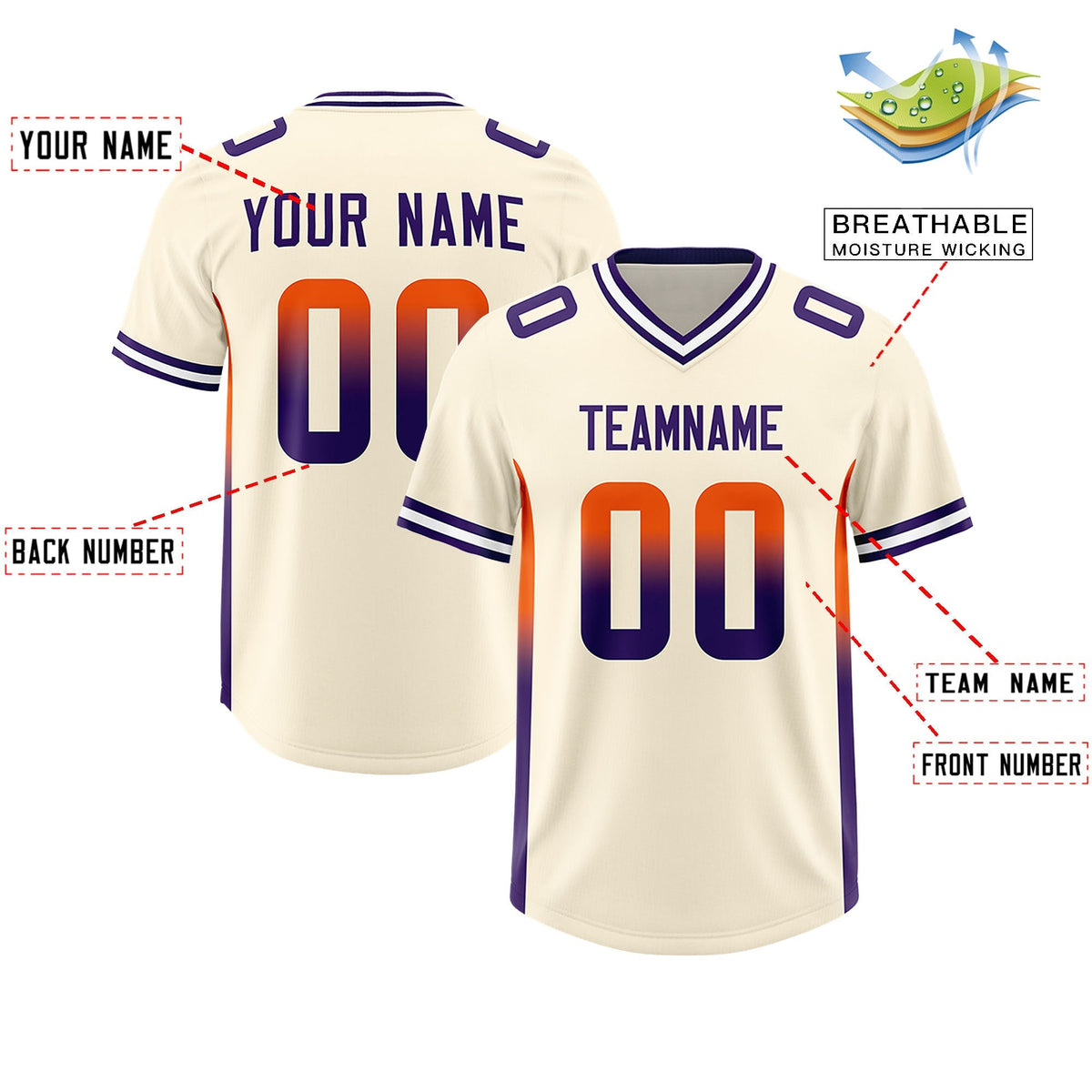 Custom Cream Orange and Purple Sides Gradient Fashion Personalized Team American Football Jersey