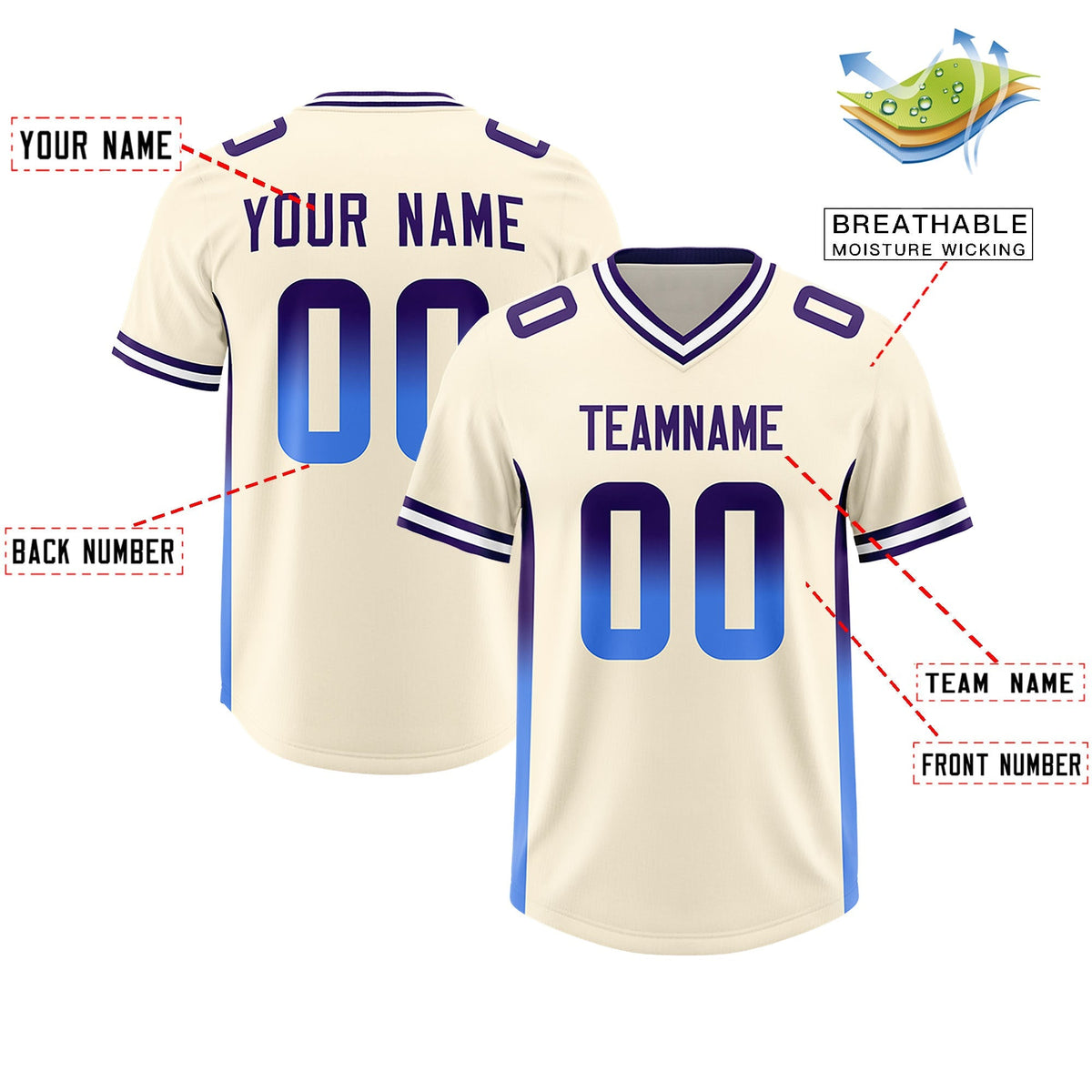 Custom Cream Purple and Powder Blue Sides Gradient Fashion Personalized Team American Football Jersey