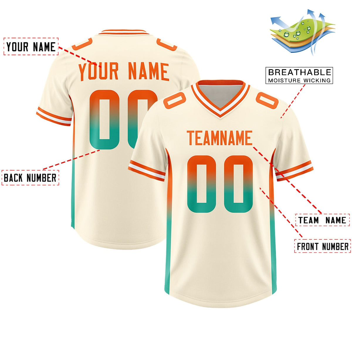 Custom Cream Orange and Bright Green Sides Gradient Fashion Personalized Team American Football Jersey