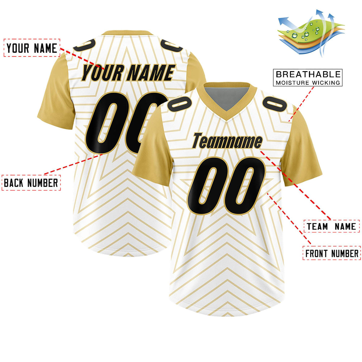 Custom White Old Gold Personalized Star Pattern Raglan Sleeves Authentic American Football Jersey