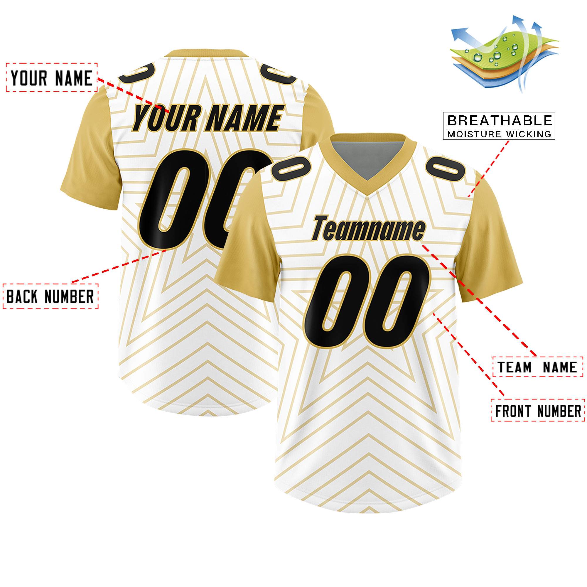 Custom White Old Gold Personalized Star Pattern Raglan Sleeves Authentic American Football Jersey
