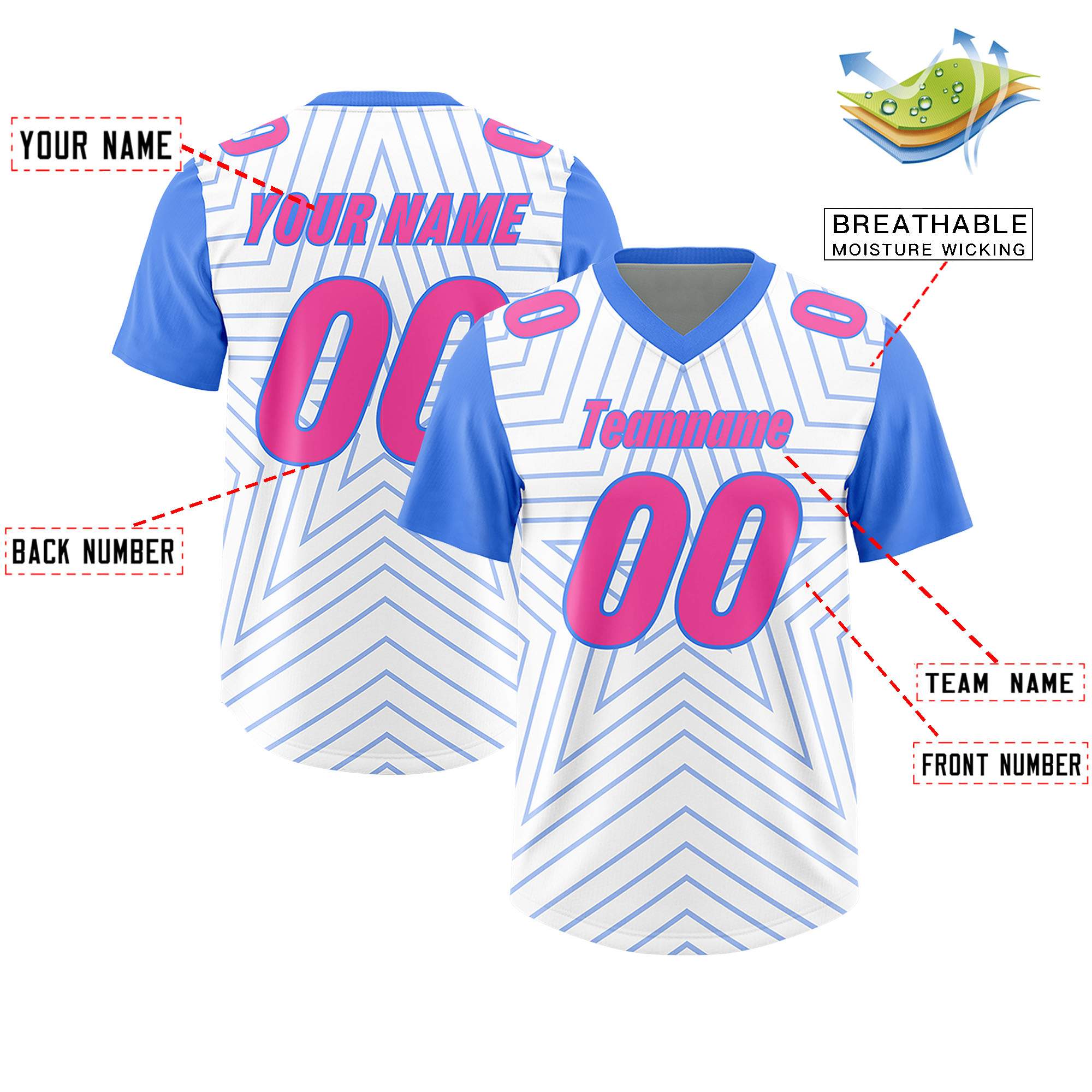 Custom White Powder Blue Personalized Star Pattern Raglan Sleeves Authentic American Football Jersey