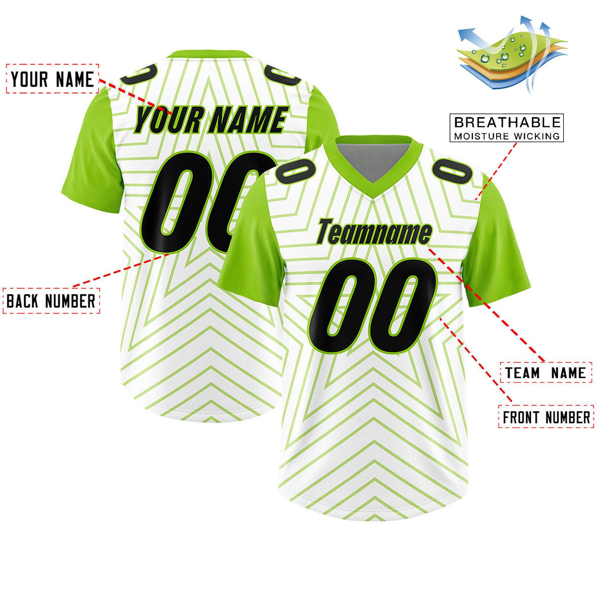 Custom White Neon Green Personalized Star Pattern Raglan Sleeves Authentic American Football Jersey