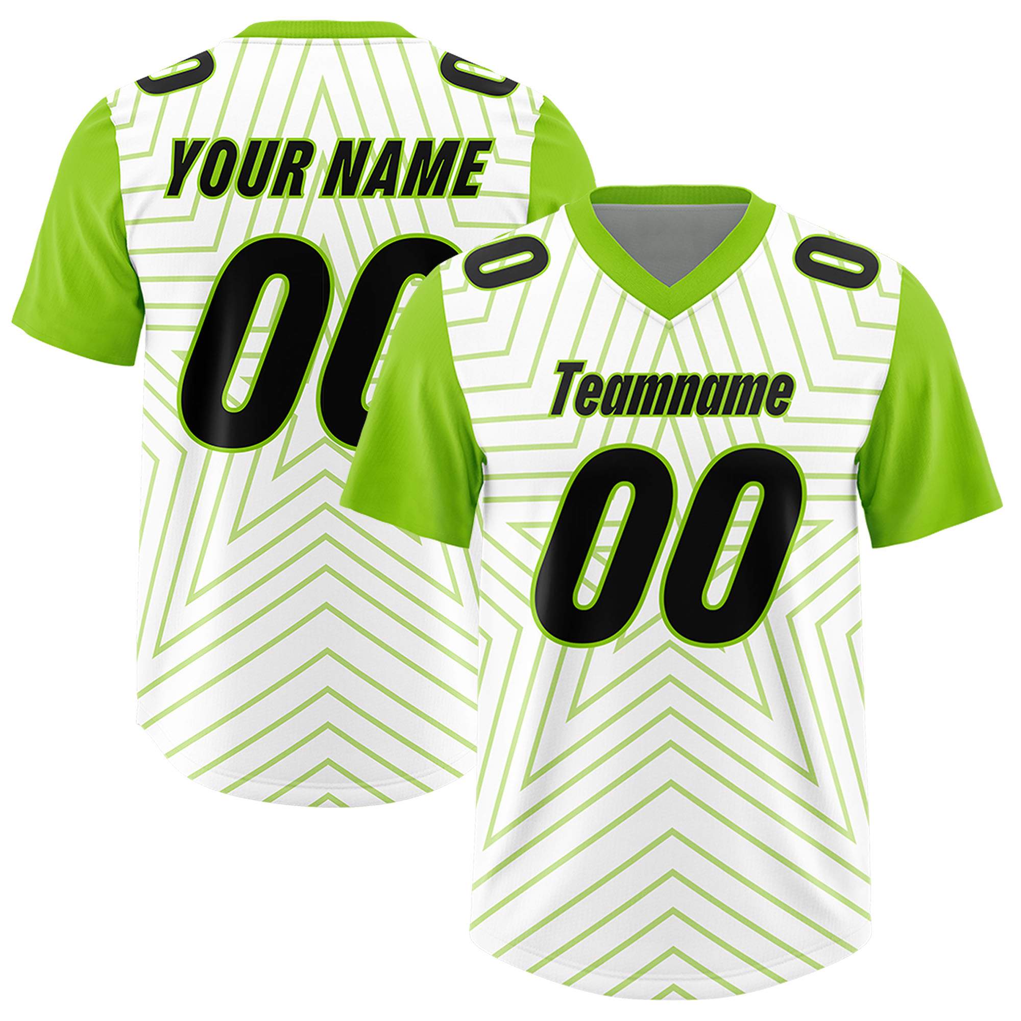 Custom White Neon Green Personalized Star Pattern Raglan Sleeves Authentic American Football Jersey